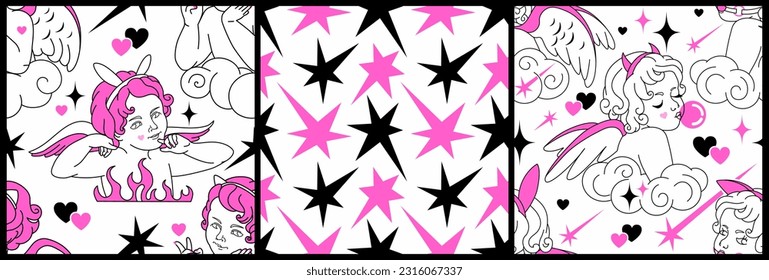 Glamour gothic set of seamless patterns.Y2k art. Naughty angels in love flame, fun cupids, pink hearts and stars. Weird goth glam love tile backgrounds.