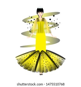A glamour gown on beautiful woman. Beautiful dress for special event with fancy decor on mannequin. Vector fashion illustration for online shop.