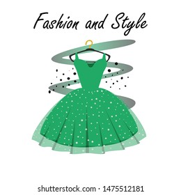 A glamour gown on hanger. Beautiful dress for special event with fancy decor on hanger. Vector fashion illustration for online shop.