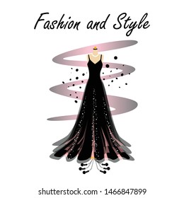 A glamour gown on mannequin. Beautiful dress for special event with fancy decor on mannequin. Vector fashion illustration for online shop.