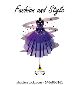 A glamour gown on mannequin. Beautiful dress for special event with fancy decor on mannequin. Vector fashion illustration for online shop.