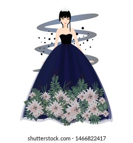 A glamour gown on woman. A dress with flower decoration for special event. Vector fashion illustration for online shop.