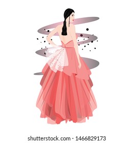 A glamour gown on woman. A dress for special event. Vector fashion illustration for online shop.