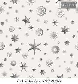 Glamour grey seamless texture background with stars and snowflakes. Vector illustration