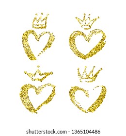 Glamour hand drawn crown and heart icon set in Gold Glitter color. Sparkle Golden glittering Ink brush crowns, fashion hearts. T-shirt background. Greeting beauty poster. Trendy Vector illustration