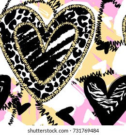 Glamour heart seamless trendy background.Brush leopard strokes and zebra scribbles in heart shapes