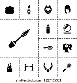 Glamour icon. collection of 13 glamour filled icons such as lipstick, nail, woman face with flower in hair, mascara, necklace. editable glamour icons for web and mobile.