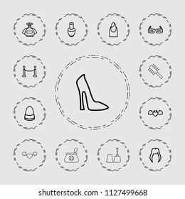 Glamour icon. collection of 13 glamour outline icons such as woman hairstyle, nail polish, perfume, nail, woman shoe, bag. editable glamour icons for web and mobile.