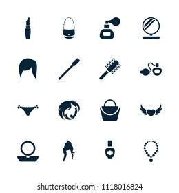 Glamour icon. collection of 16 glamour filled icons such as nailfile, powder, woman bag, lipstick, perfume, nail polish. editable glamour icons for web and mobile.