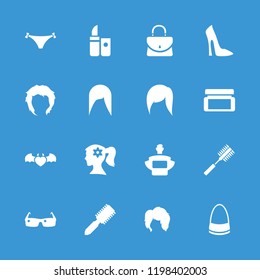 Glamour icon. collection of 16 glamour filled icons such as hair brush, woman hairstyle, woman face with flower in hair, hairstyle. editable glamour icons for web and mobile.