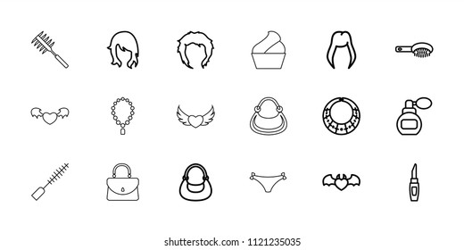 Glamour icon. collection of 18 glamour outline icons such as woman hairstyle, perfume, hair brush, hairstyle, lipstick, bag. editable glamour icons for web and mobile.