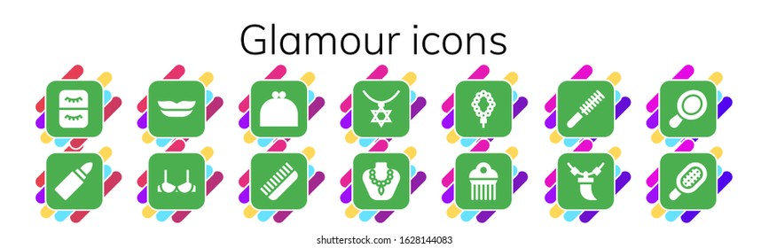 glamour icon set. 14 filled glamour icons.  Simple modern icons such as: Eyelash, Lipstick, Lips, Brassiere, Purse, Comb, Necklace, Hand mirror