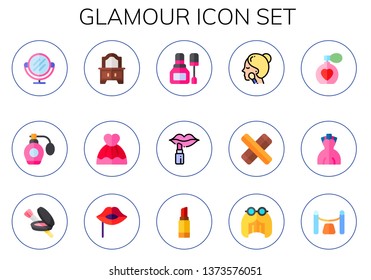 glamour icon set. 15 flat glamour icons.  Collection Of - mirror, perfume, wedding dress, nail polish, lipstick, make up, clave, lips, wig, red carpet