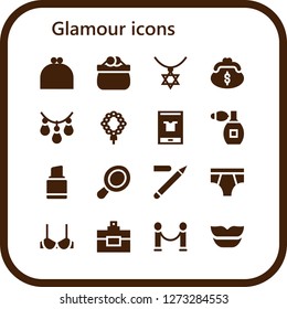  glamour icon set. 16 filled glamour icons. Simple modern icons about  - Purse, Necklace, Fashion, Perfume, Lipstick, Hand mirror, Eyeliner, Underwear, Brassiere, Velvet, Lips