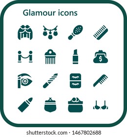 glamour icon set. 16 filled glamour icons.  Collection Of - Wig, Necklace, Comb, Velvet, Lipstick, Purse, Eyebrow pencil, Nail file, Eyelash, Brassiere