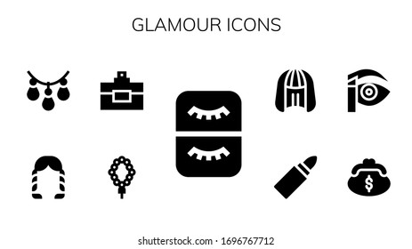 glamour icon set. 9 filled glamour icons.  Simple modern icons such as: Eyelash, Necklace, Perfume, Hairstyle, Purse, Eyebrow pencil, Lipstick, Wig