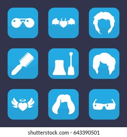 Glamour icon. set of 9 filled glamour icons such as hair brush, woman hairstyle, nail polish, hairstyle, heart angel wings, devil heart with wings