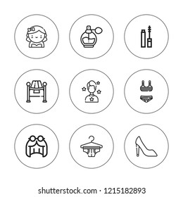 Glamour icon set. collection of 9 outline glamour icons with bridesmaids, celebrity, heels, mascara, perfume, red carpet, underwear icons. editable icons.
