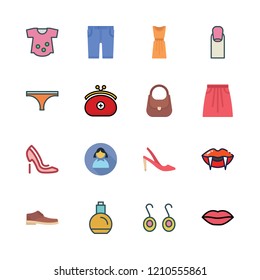 glamour icon set. vector set about dress, clothes, panties and lips icons set.