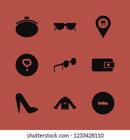 glamour icon. glamour vector icons set sweater with deer, store location, sunglasses and women shoes
