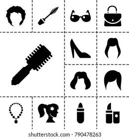 Glamour icons. set of 13 editable filled glamour icons such as woman hairstyle, hair brush, lipstick, mascara, hairstyle, sunglasses, woman face with flower in hair