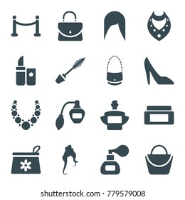 Glamour icons. set of 16 editable filled glamour icons such as cream box, perfume, woman hairstyle, make up bag, mascara, woman bag, necklace, red carpet, lipstick, woman shoe
