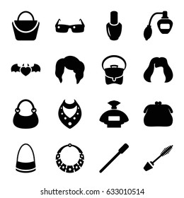 Glamour icons set. set of 16 glamour filled icons such as nail polish, perfume, nailfile, woman hairstyle, mascara, woman bag, hairstyle, necklace, bag, devil heart with wings