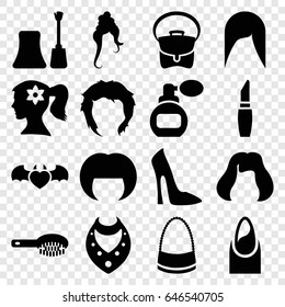 Glamour icons set. set of 16 glamour filled icons such as perfume, hair brush, woman hairstyle, nail, woman face with flower in hair, nail polish, woman shoe, hairstyle