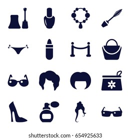 Glamour icons set. set of 16 glamour filled icons such as perfume, nail polish, woman hairstyle, panties with heart, lipstick, make up bag, mascara, necklace, woman bag