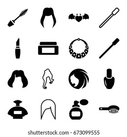 Glamour icons set. set of 16 glamour filled and outline icons such as woman hairstyle, perfume, nail polish, cream box, hair brush, nailfile, mascara, lipstick, hairstyle
