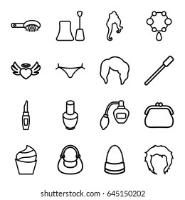 Glamour icons set. set of 16 glamour outline icons such as nail polish, hair brush, perfume, nailfile, woman hairstyle, panties with heart, cream, necklace, hairstyle