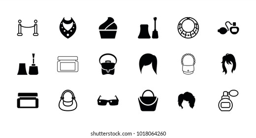 Glamour icons. set of 18 editable filled and outline glamour icons: woman bag, nail polish, necklace, bag, sunglasses, perfume, red carpet, cream box, woman hairstyle