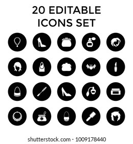 Glamour icons. set of 20 editable filled glamour icons such as perfume, cream box, hair brush, woman hairstyle, nail. best quality glamour elements in trendy style.