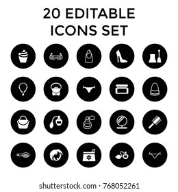 Glamour icons. set of 20 editable filled and outline glamour icons such as perfume, cream, make up bag, woman bag, nail polish, woman shoe, bag, hair brush, panties with heart