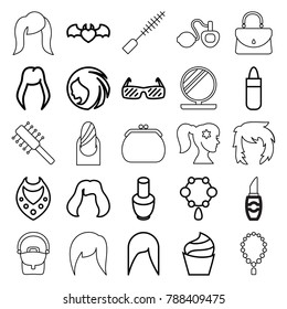 Glamour icons. set of 25 editable outline glamour icons such as woman hairstyle, nail polish, lipstick, cream, necklace, hairstyle, devil heart with wings, sunglasses