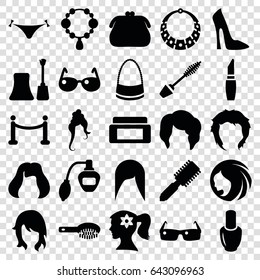 Glamour icons set. set of 25 glamour filled icons such as nail polish, woman hairstyle, cream box, hair brush, perfume, panties with heart, woman face with flower in hair