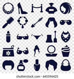 Glamour icons set. set of 25 glamour filled icons such as perfume, nail polish, woman hairstyle, hair brush, panties with heart, lipstick, powder, cream, make up bag, mascara