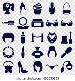Glamour icons set. set of 25 glamour filled icons such as woman hairstyle, nail polish, perfume, cream box, hair brush, panties with heart, lipstick, powder