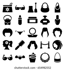 Glamour icons set. set of 25 glamour filled icons such as woman hairstyle, nail polish, perfume, cream box, hair brush, panties with heart, lipstick, nail, powder