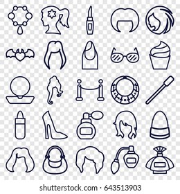 Glamour icons set. set of 25 glamour outline icons such as woman hairstyle, perfume, nailfile, lipstick, nail, powder, woman face with flower in hair, cream, necklace