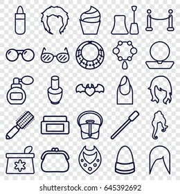 Glamour icons set. set of 25 glamour outline icons such as perfume, nail polish, cream box, hair brush, nailfile, woman hairstyle, lipstick, nail, powder, cream, make up bag