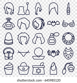 Glamour icons set. set of 25 glamour outline icons such as perfume, woman hairstyle, panties with heart, nail, powder, cream, make up bag, woman bag, nail polish, hairstyle - Shutterstock ID 645985120