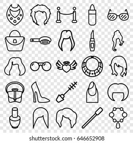 Glamour icons set. set of 25 glamour outline icons such as woman hairstyle, nail polish, hair brush, nailfile, lipstick, nail, mascara, necklace, woman bag, woman shoe - Shutterstock ID 646652908