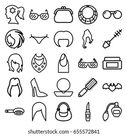 Glamour icons set. set of 25 glamour outline icons such as woman hairstyle, cream box, hair brush, perfume, panties with heart, nail, powder, woman face with flower in hair