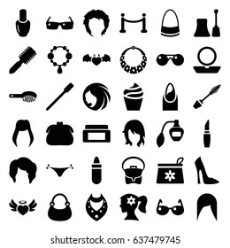 Glamour icons set. set of 36 glamour filled icons such as woman hairstyle, nail polish, cream box, hair brush, perfume, nailfile, panties with heart, lipstick, nail, powder