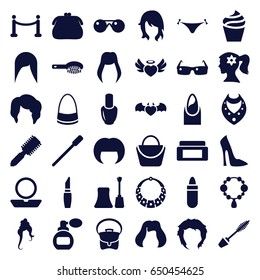 Glamour icons set. set of 36 glamour filled icons such as woman hairstyle, perfume, nail polish, cream box, hair brush, nailfile, panties with heart, lipstick, nail, powder