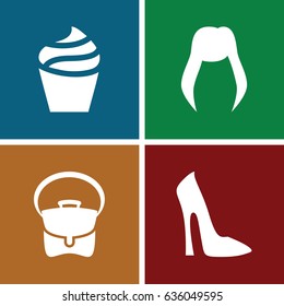 Glamour icons set. set of 4 glamour filled icons such as woman hairstyle, cream, woman shoe