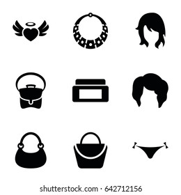 Glamour icons set. set of 9 glamour filled icons such as cream box, woman hairstyle, panties with heart, woman bag, bag, heart angel wings