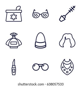 Glamour icons set. set of 9 glamour outline icons such as perfume, make up bag, mascara, lipstick, hairstyle, necklace, bag
