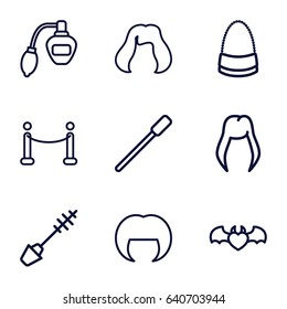Glamour icons set. set of 9 glamour outline icons such as woman hairstyle, perfume, nailfile, mascara, hairstyle, bag, devil heart with wings